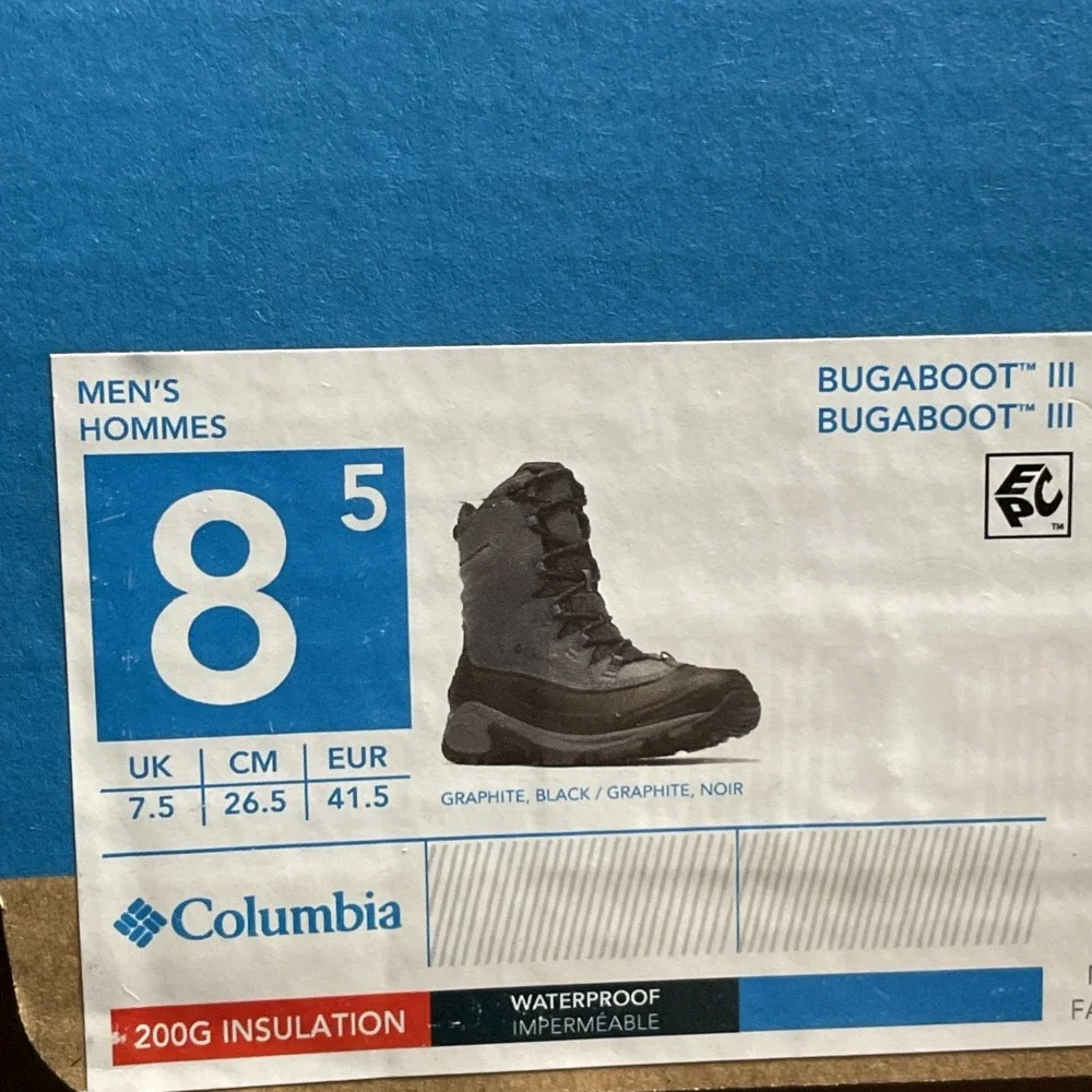 COLUMBIA BUGABOOT III Waterproof Winter Boots Grey 200G Insulation‎ Mens Sz 8.5